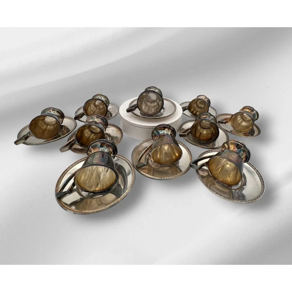 Vintage Chippendale EPNS Silverplate Demitasse Cups & Saucers Set of 10 Pat.1914